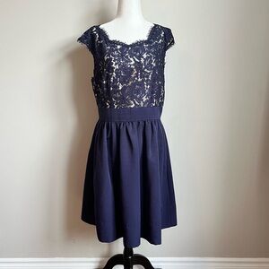 Eliza J. Navy Blue Fit & Flare Lace Bodice Cap Sleeve Cocktail Dress - size 12